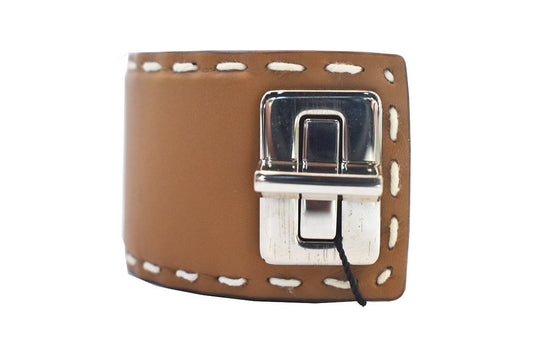Prada Brown Leather Stitched Cuff Bracelet Silver Hardware