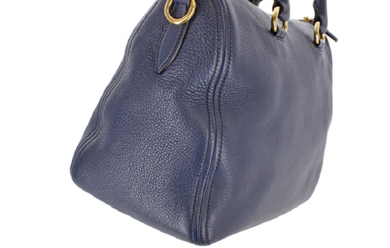 Prada Women's Leather Bauletto Navy Baltico Vitello Phenix Handbag 1BB023