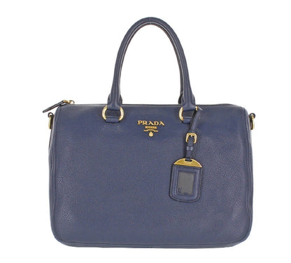 Prada Women's Leather Bauletto Navy Baltico Vitello Phenix Handbag 1BB023