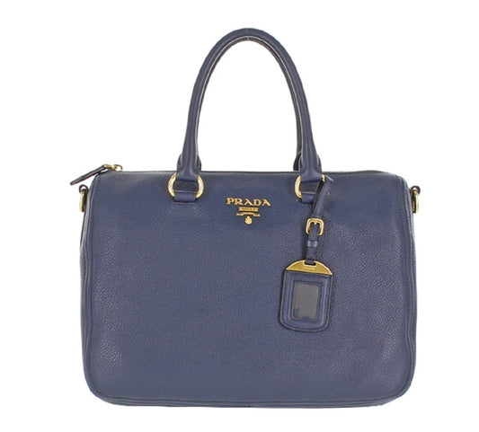 Prada Women's Leather Bauletto Navy Baltico Vitello Phenix Handbag 1BB023