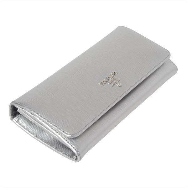 Prada Women's Metallic Cromo Silver Vitello Move Long Leather Flap Wallet 1MH132