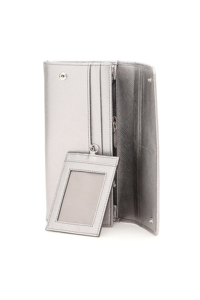 Prada Women's Metallic Cromo Silver Vitello Move Long Leather Flap Wallet 1MH132
