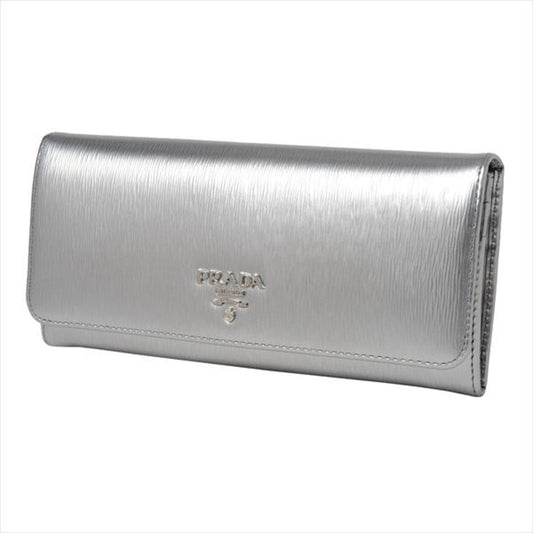 Prada Women's Metallic Cromo Silver Vitello Move Long Leather Flap Wallet 1MH132