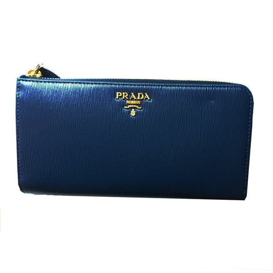 Prada Women's Navy Blue Vitello Move Quarter Zip Wallet 1ML183