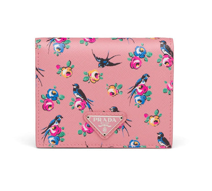 Prada Women's Petalo Pink Saffiano Leather Swallow Print Snap Bifold Wallet 1MV204