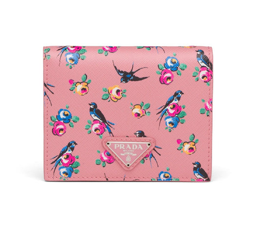 Prada Women's Petalo Pink Saffiano Leather Swallow Print Snap Bifold Wallet 1MV204