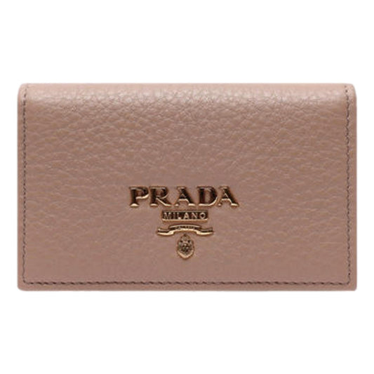 Prada Women's Vitello Grain Cammeo Beige Leather Card Case Wallet