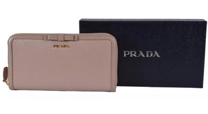 Prada Women's Vitello Move Blush Beige Bow Trim French Flap Zipper Wallet
