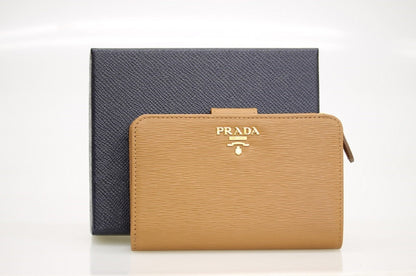 Prada Women's Vitello Move Zip Wallet Caramel With Snap Closure 1ML225