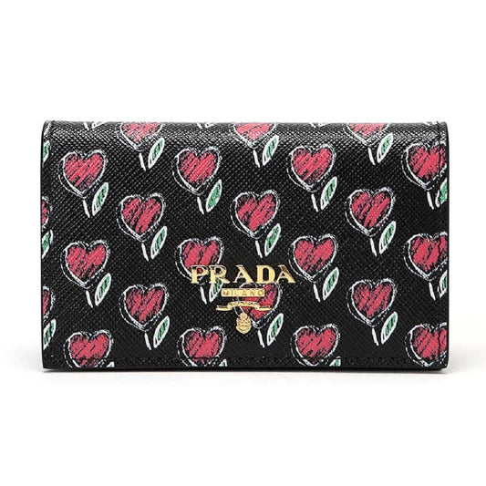 Prada Womens Black Love Hearts Vitello Move Leather Wallet 1MC122