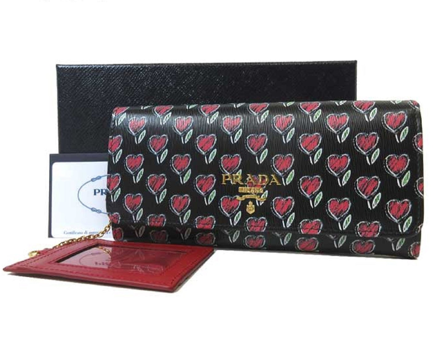 Prada Womens Black Love Hearts Vitello Move Leather Snap Long Wallet 1MH132
