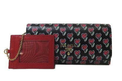 Prada Womens Black Love Hearts Vitello Move Leather Snap Long Wallet 1MH132