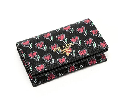 Prada Womens Black Love Hearts Vitello Move Leather Wallet 1MC122