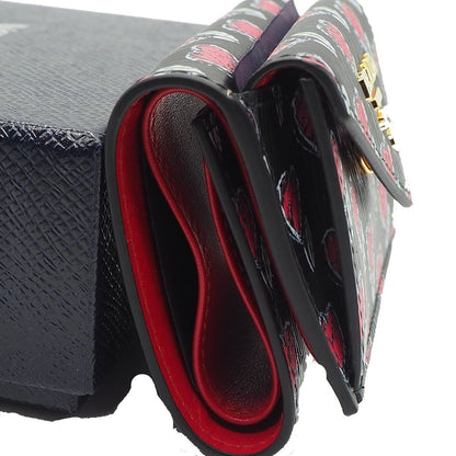 Prada Womens Black Vitello Move Love Hearts Leather Envelope Snap Wallet 1MH021