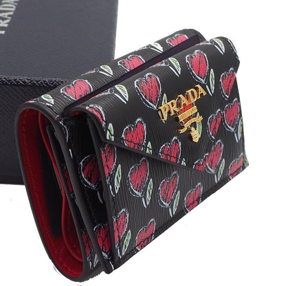 Prada Womens Black Vitello Move Love Hearts Leather Envelope Snap Wallet 1MH021