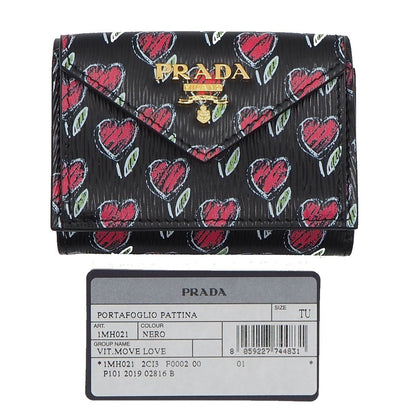 Prada Womens Black Vitello Move Love Hearts Leather Envelope Snap Wallet 1MH021