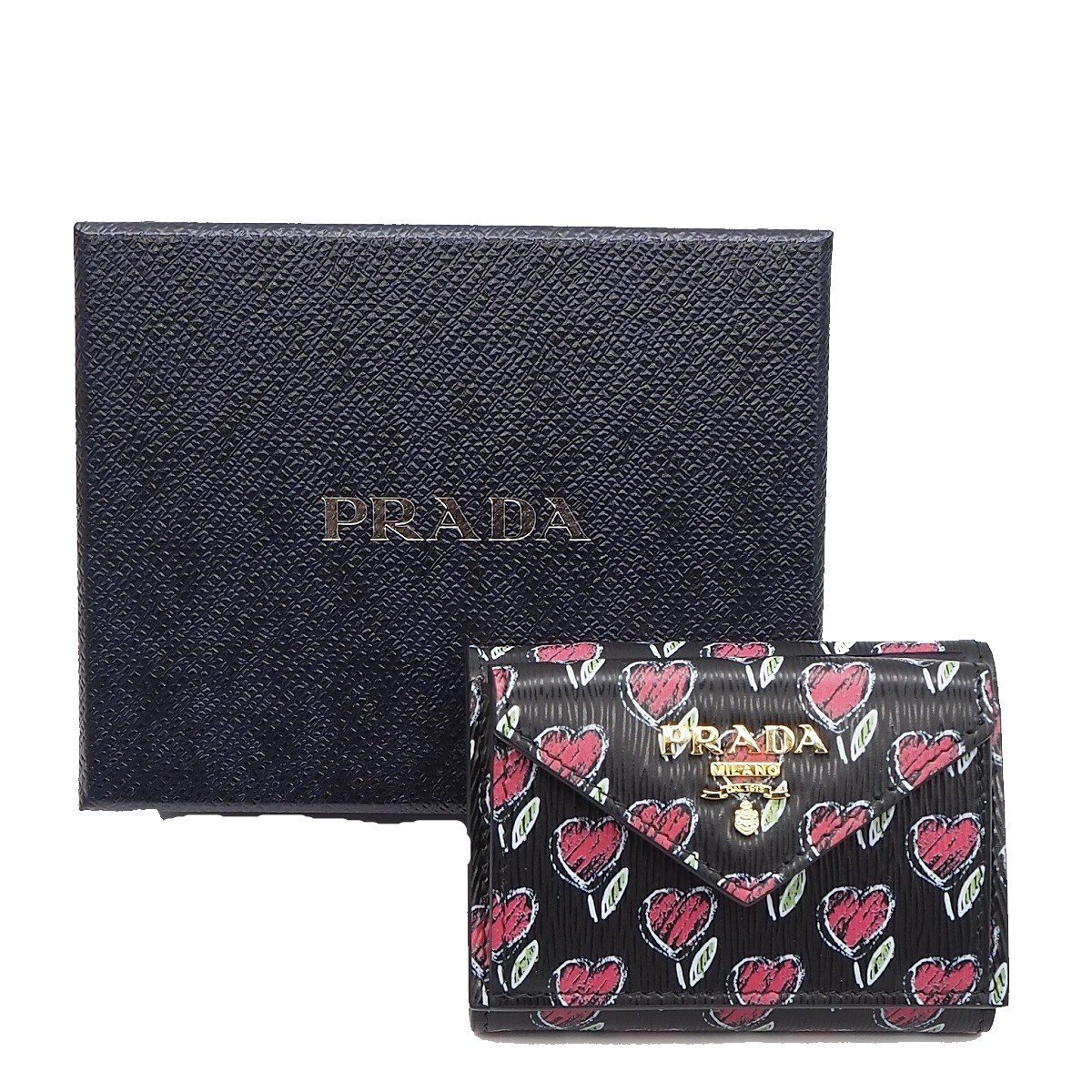 Prada Womens Black Vitello Move Love Hearts Leather Envelope Snap Wallet 1MH021