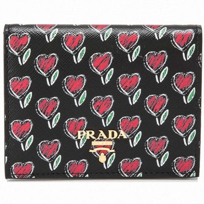 Prada Womens Black Vitello Move Love Hearts Leather Snap Bifold Wallet 1MV204