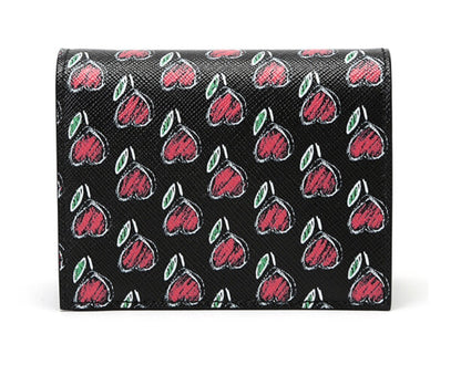 Prada Womens Black Vitello Move Love Hearts Leather Snap Bifold Wallet 1MV204
