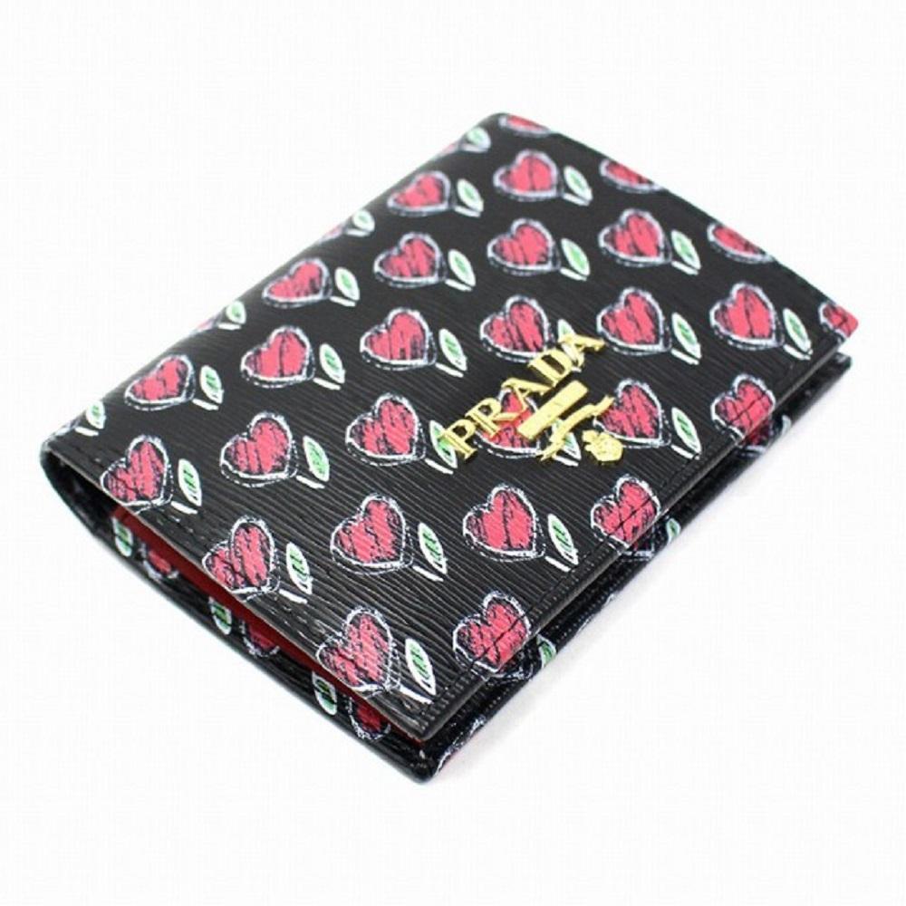 Prada Womens Black Vitello Move Love Hearts Leather Snap Bifold Wallet 1MV204