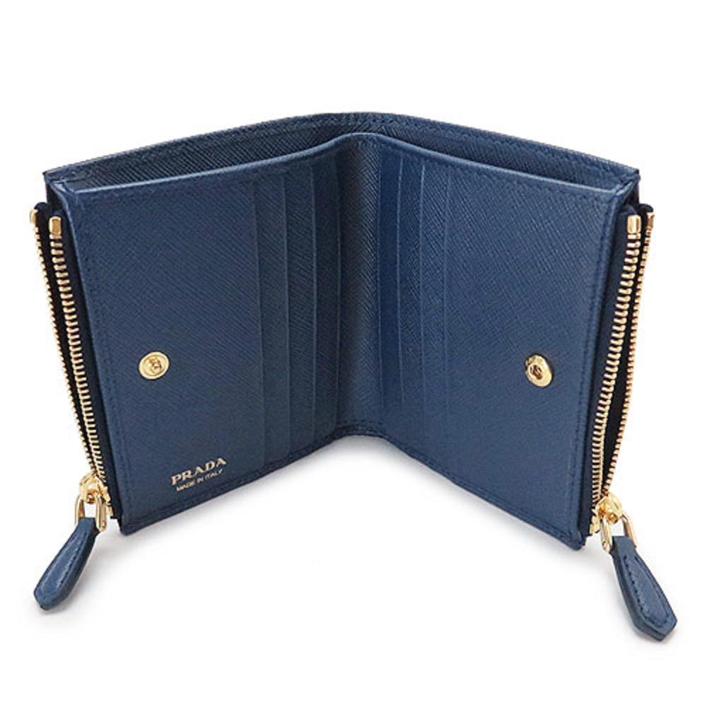Prada Womens Dark Blue Vitello Move Leather Double Zipper Snap Wallet 1ML024