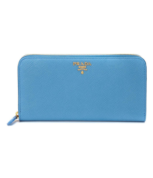 Prada Womens Mare Blue Saffiano Metal Logo Leather Long Zip Around Wallet 1ML506
