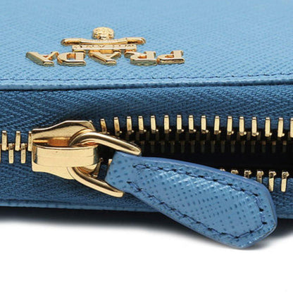 Prada Womens Mare Blue Saffiano Metal Logo Leather Long Zip Around Wallet 1ML506