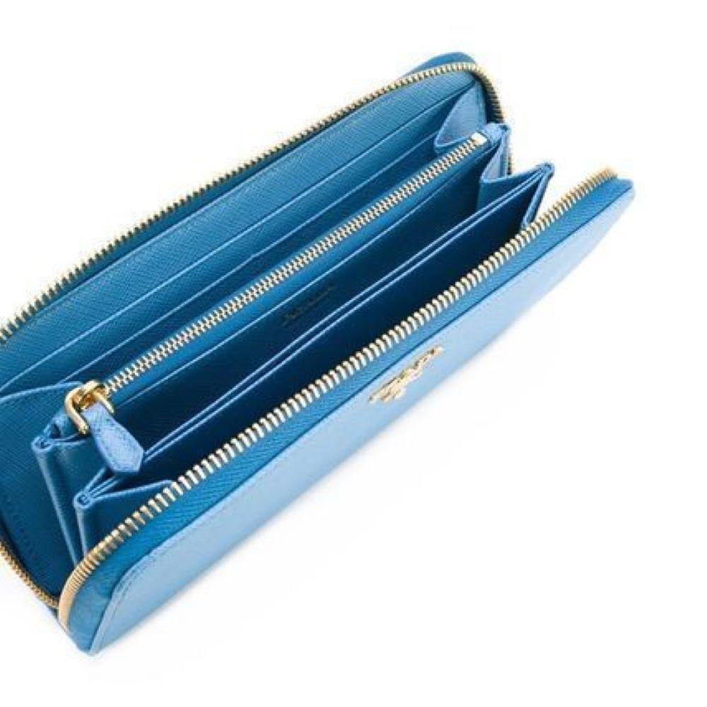 Prada Womens Mare Blue Saffiano Metal Logo Leather Long Zip Around Wallet 1ML506