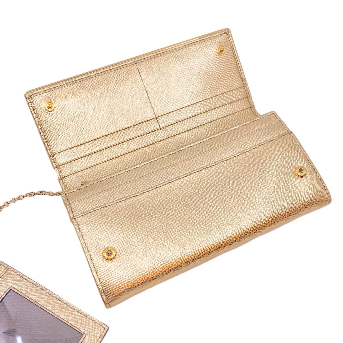 Prada Womens Metallic Gold Saffiano Metal Leather Long Double Snap Wallet 1MH132