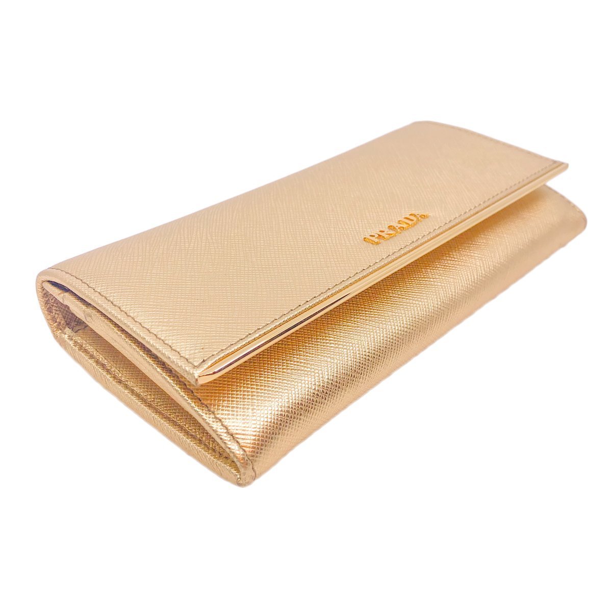 Prada Womens Metallic Gold Saffiano Metal Leather Long Double Snap Wallet 1MH132