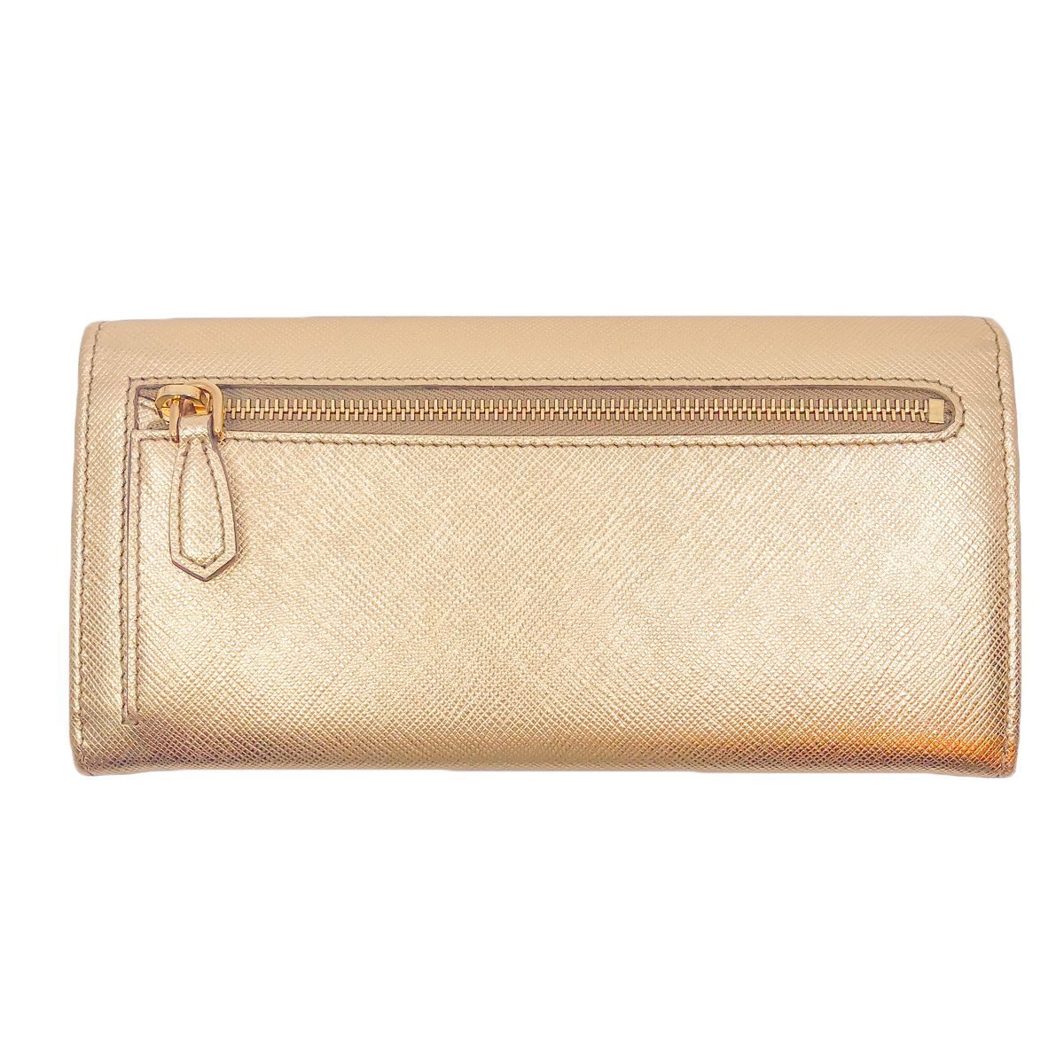 Prada Womens Metallic Gold Saffiano Metal Leather Long Double Snap Wallet 1MH132