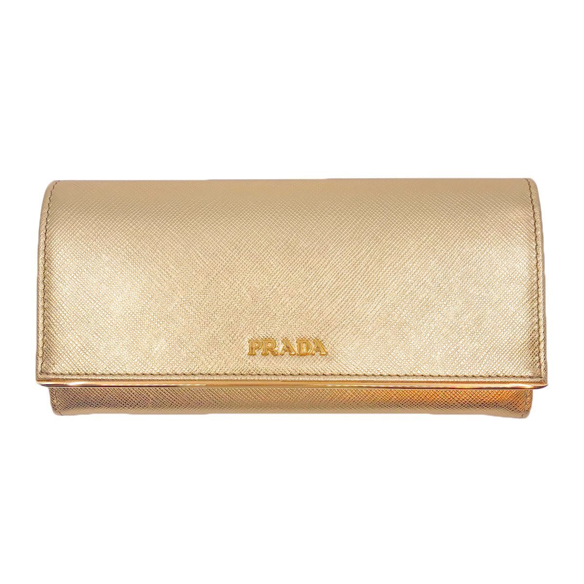 Prada Womens Metallic Gold Saffiano Metal Leather Long Double Snap Wallet 1MH132