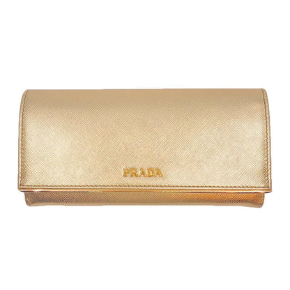 Prada Womens Metallic Gold Saffiano Metal Leather Long Double Snap Wallet 1MH132