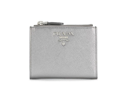 Prada Womens Metallic Silver Zip Snap Vitello Move Leather Wallet 1ML024