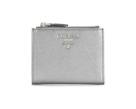 Prada Womens Metallic Silver Zip Snap Vitello Move Leather Wallet 1ML024