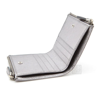 Prada Womens Metallic Silver Zip Snap Vitello Move Leather Wallet 1ML024