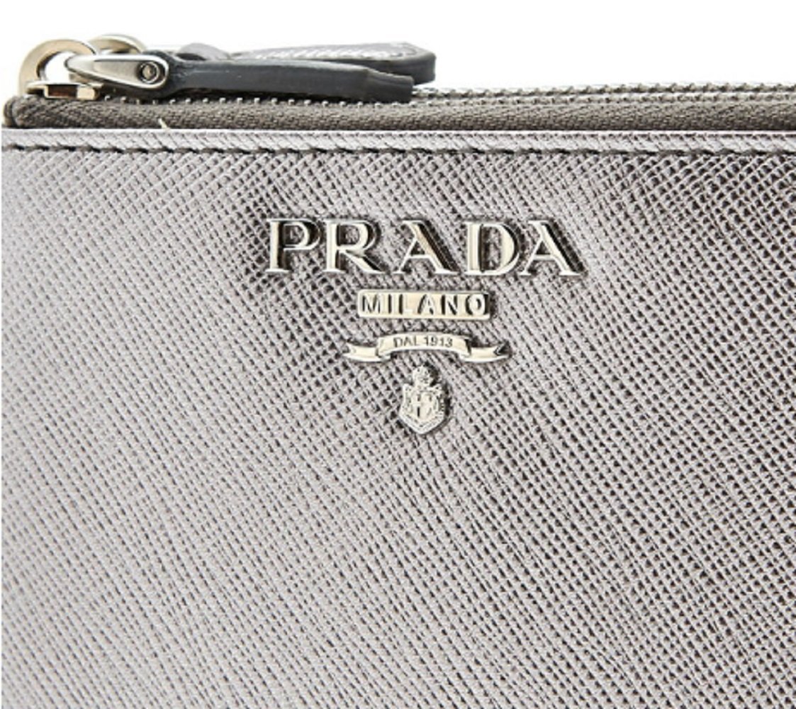 Prada Womens Metallic Silver Zip Snap Vitello Move Leather Wallet 1ML024
