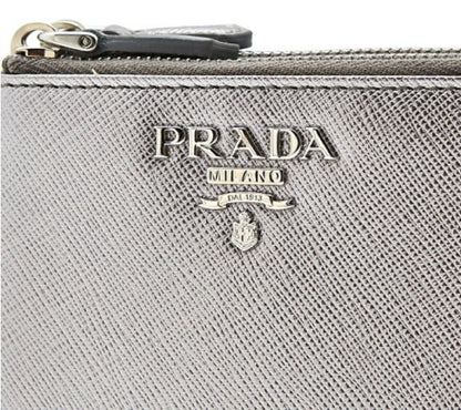 Prada Womens Metallic Silver Zip Snap Vitello Move Leather Wallet 1ML024