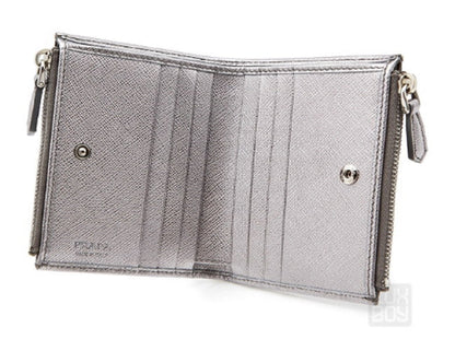 Prada Womens Metallic Silver Zip Snap Vitello Move Leather Wallet 1ML024