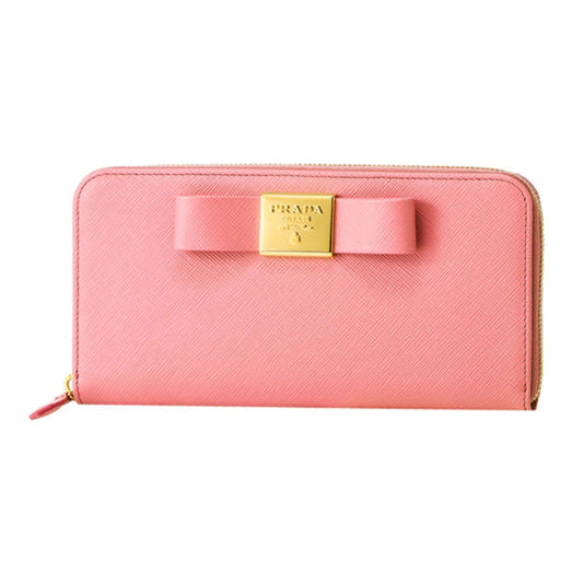 Prada Womens Pink Saffiano Leather Zip Around Continental Bow Wallet 1ML506