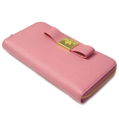 Prada Womens Pink Saffiano Leather Zip Around Continental Bow Wallet 1ML506