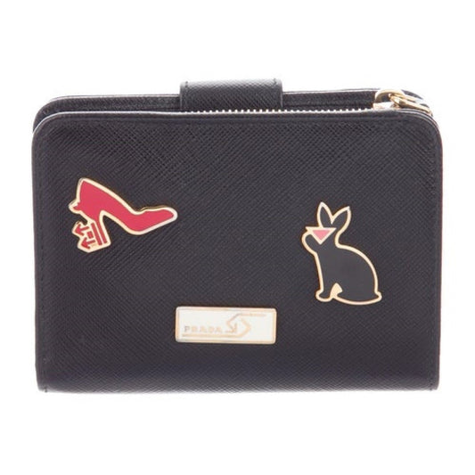 Prada Womens Saffiano Leather Nero Fuoco Black Snap Zip Wallet 1ML018