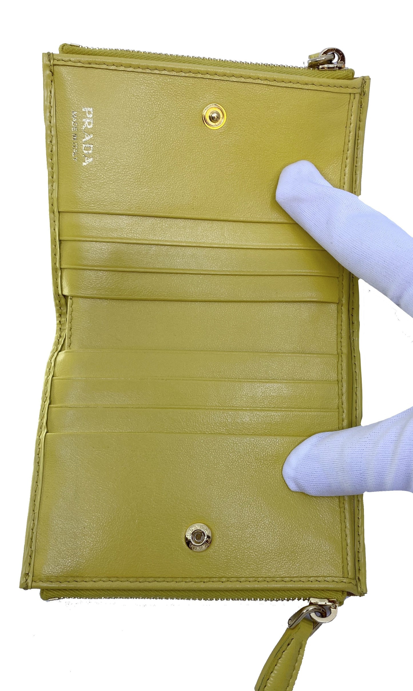 Prada Womens Sole Yellow Bifold Vitello Move Leather Snap Zip Wallet 1ML024