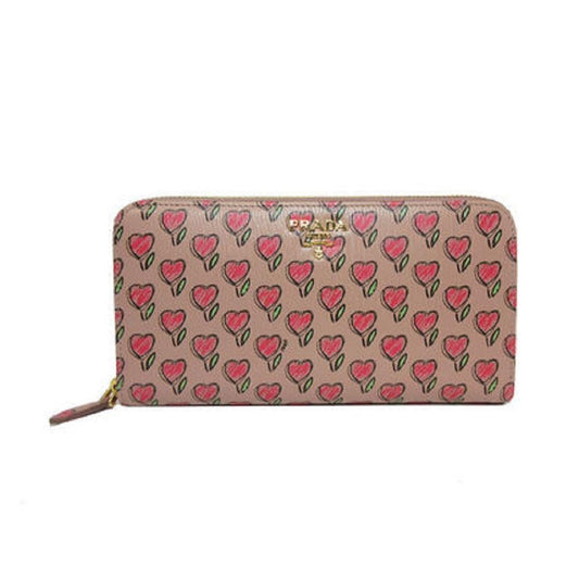Prada Womens Tan Vitello Move Love Hearts Leather Continental Zip Wallet 1ML506