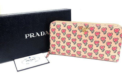 Prada Womens Tan Vitello Move Love Hearts Leather Continental Zip Wallet 1ML506