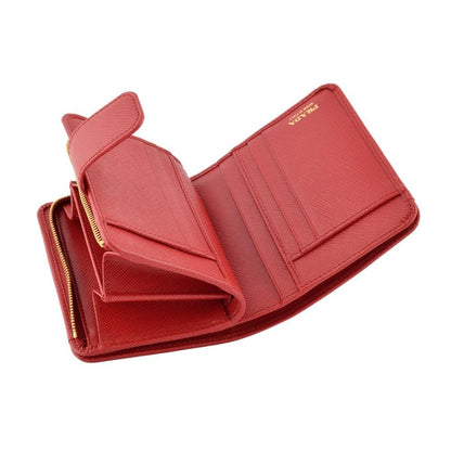 Prada Womens Tessuto Nylon Saffiano Leather Rosso Red Snap Zip Around Wallet 1ML018