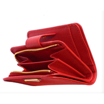 Prada Womens Tessuto Nylon Saffiano Leather Rosso Red Snap Zip Around Wallet 1ML018