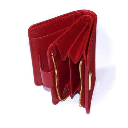 Prada Womens Tessuto Nylon Saffiano Leather Rosso Red Snap Zip Around Wallet 1ML018
