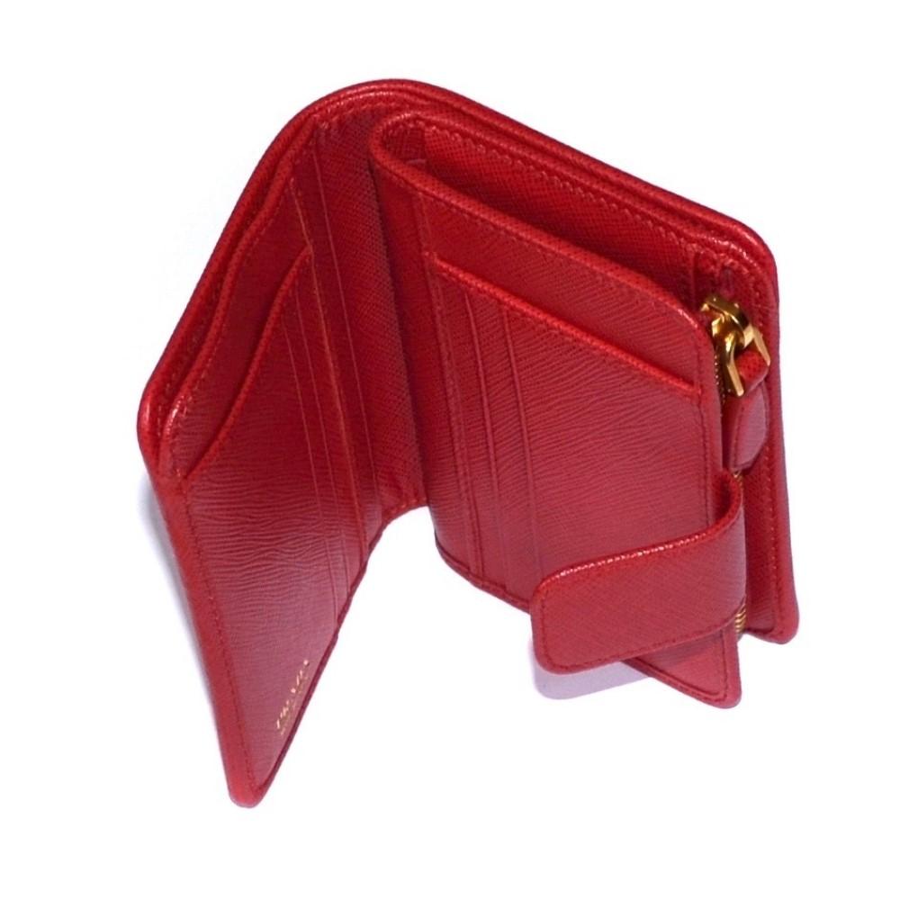 Prada Womens Tessuto Nylon Saffiano Leather Rosso Red Snap Zip Around Wallet 1ML018