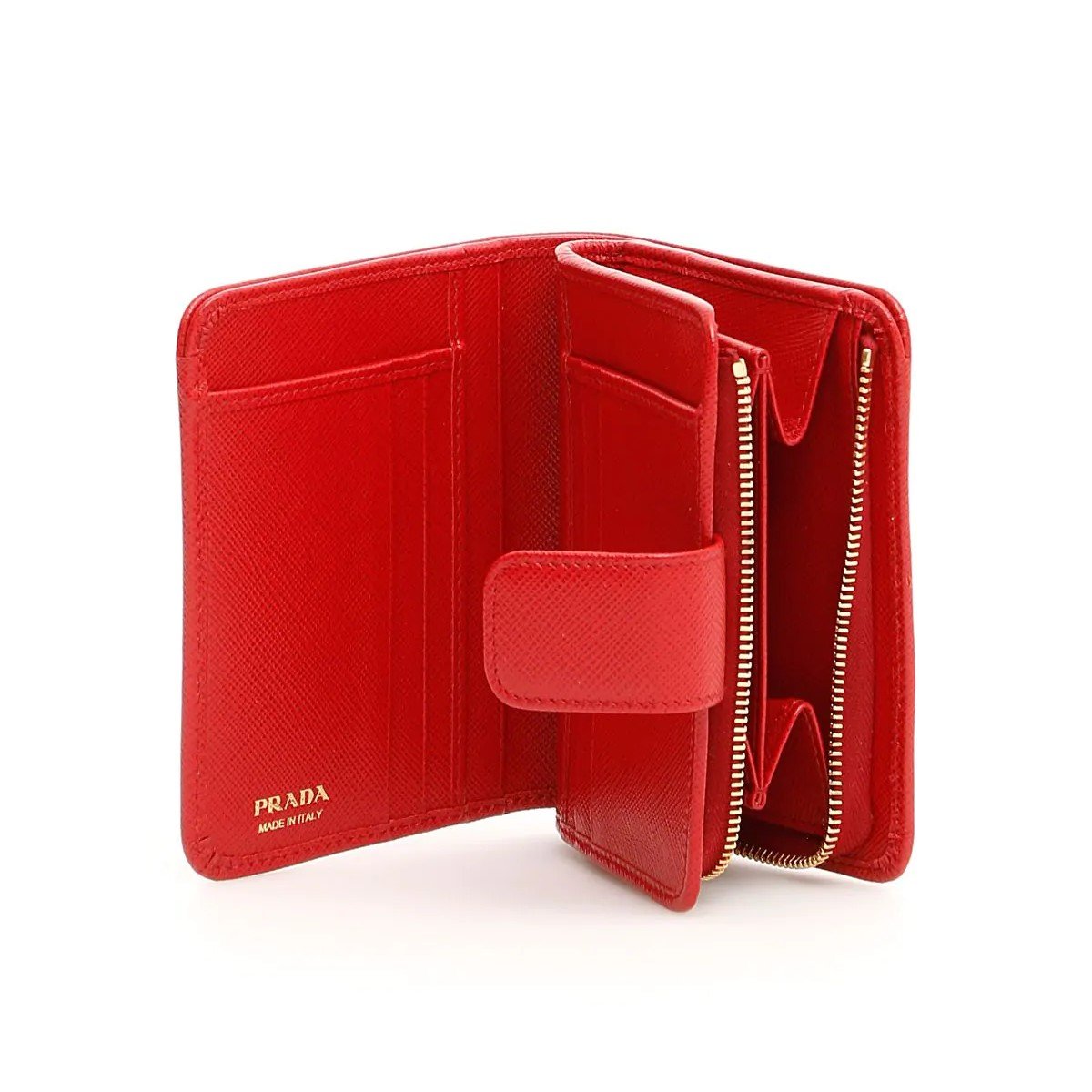 Prada Womens Tessuto Nylon Saffiano Leather Rosso Red Snap Zip Around Wallet 1ML018